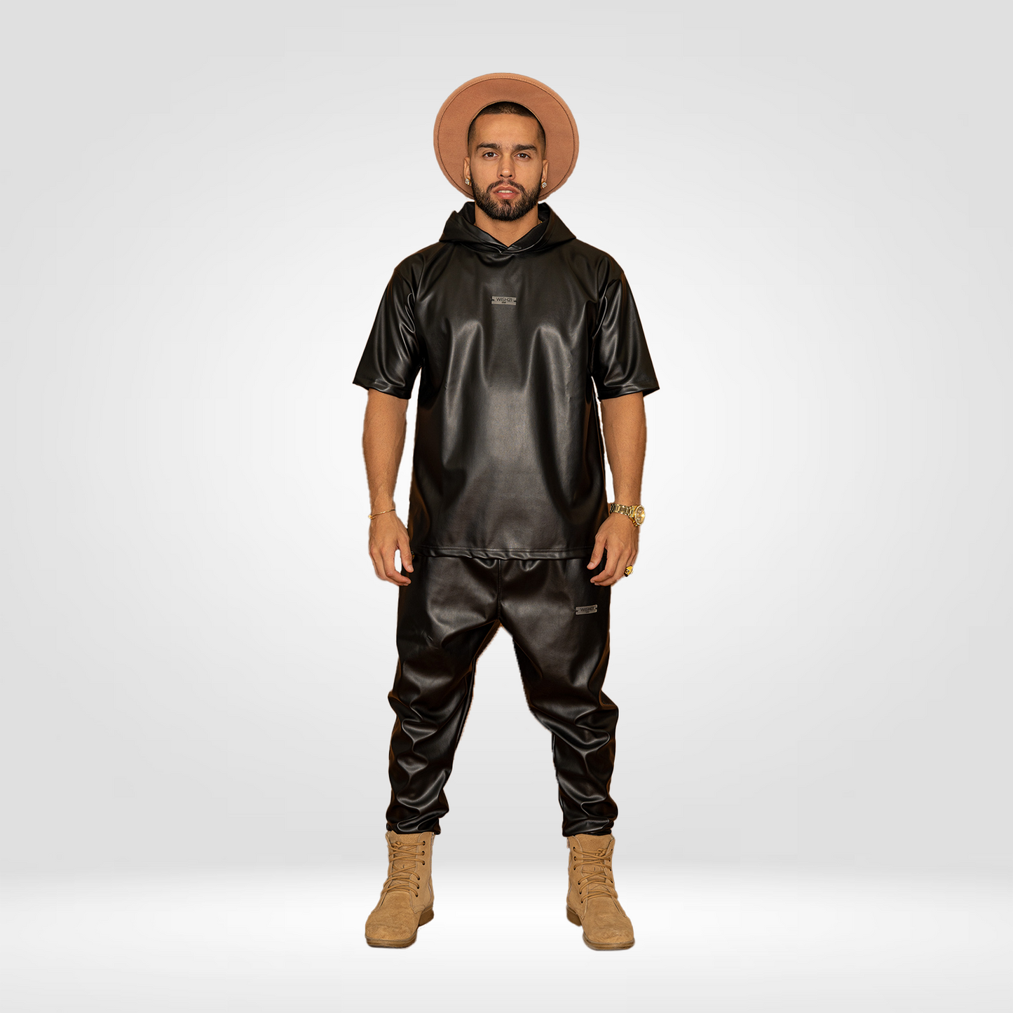 FAUX LEATHER T-SHIRT AND PANTS SET