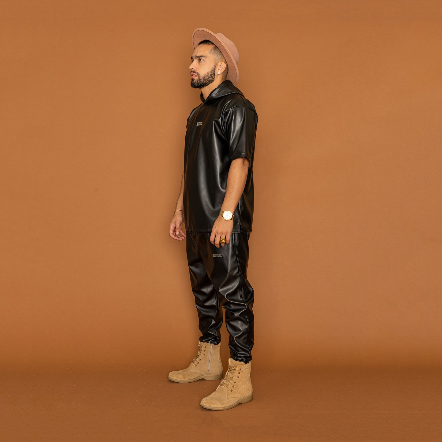 FAUX LEATHER T-SHIRT AND PANTS SET