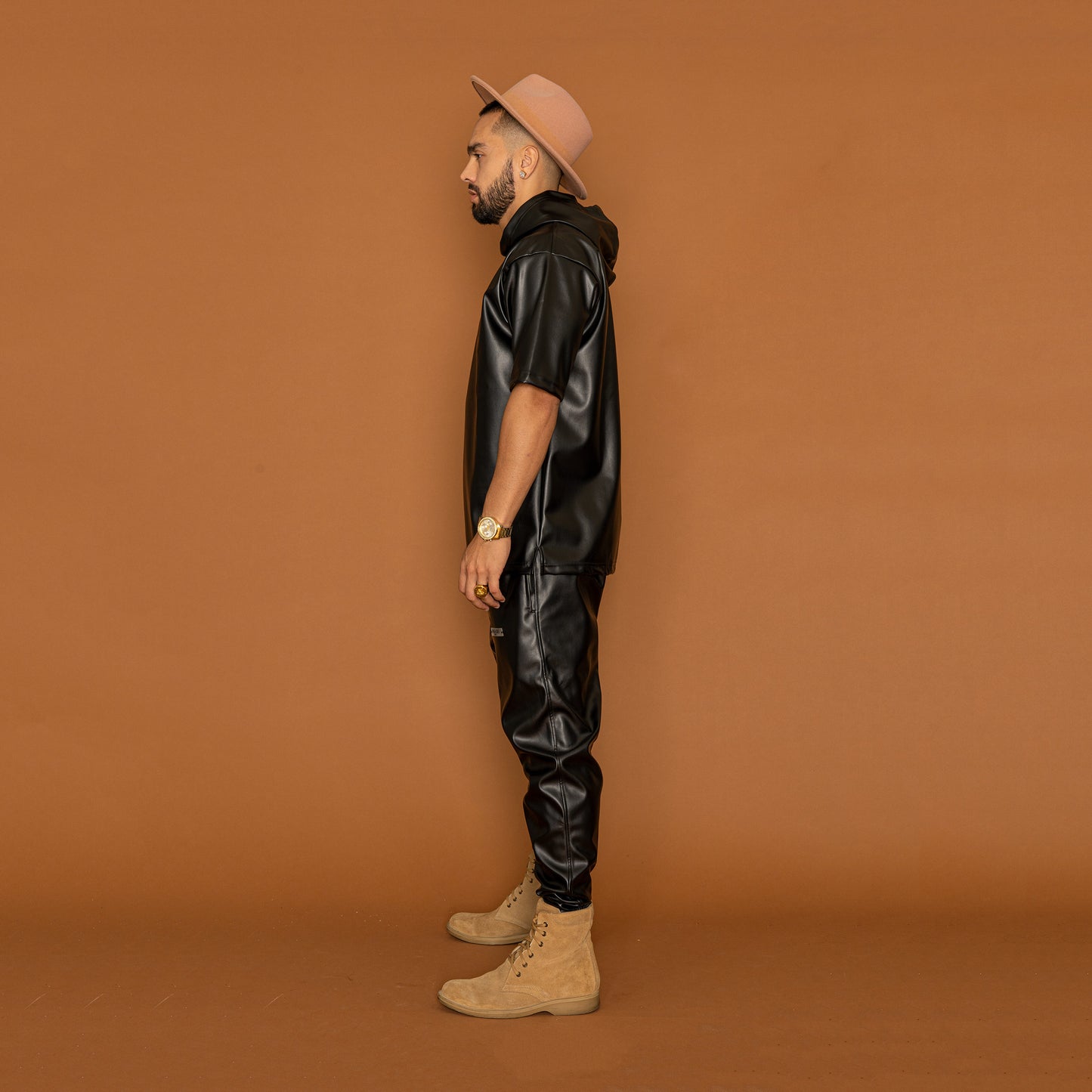 FAUX LEATHER T-SHIRT AND PANTS SET