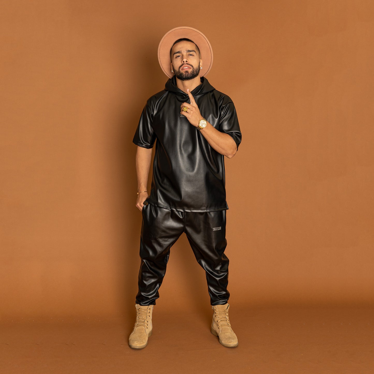 FAUX LEATHER T-SHIRT AND PANTS SET